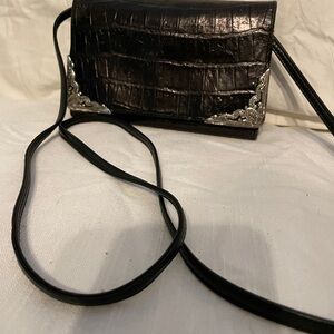 Brighton Black Leather Crossbody Wallet Bag w/ Silver Accents